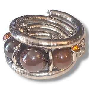 Silver Tone Chunky Wrap Bracelet Amber Brown Beads Statement Bracelet Armband